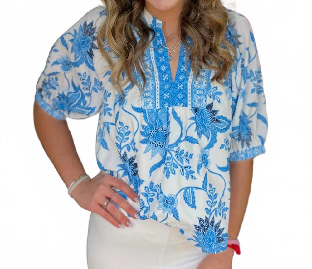 NEW JOY JOY dutch meadow front yoke top in blue